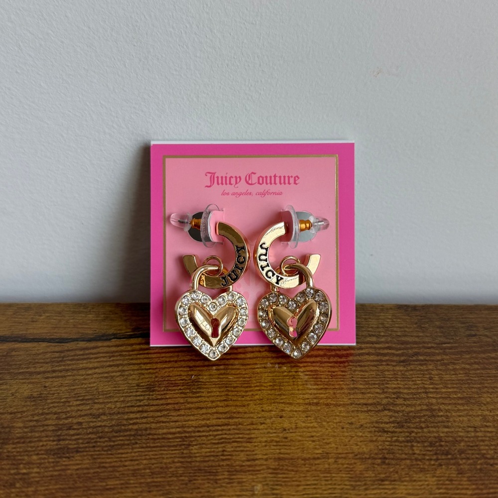 New Juicy Couture Gold Tone Heart Dangle Earrings Cute Lock Sparkly Jewelry